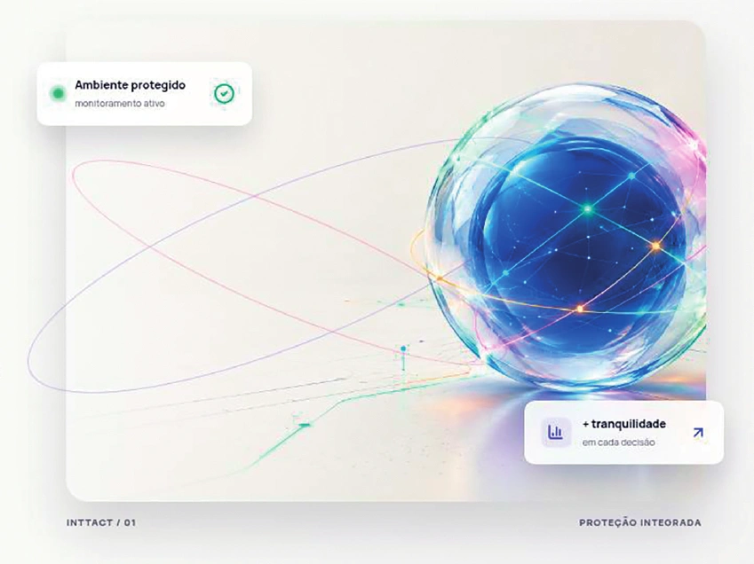 Esfera tecnológica azul com conexões coloridas e indicadores de ambiente protegido e tranquilidade